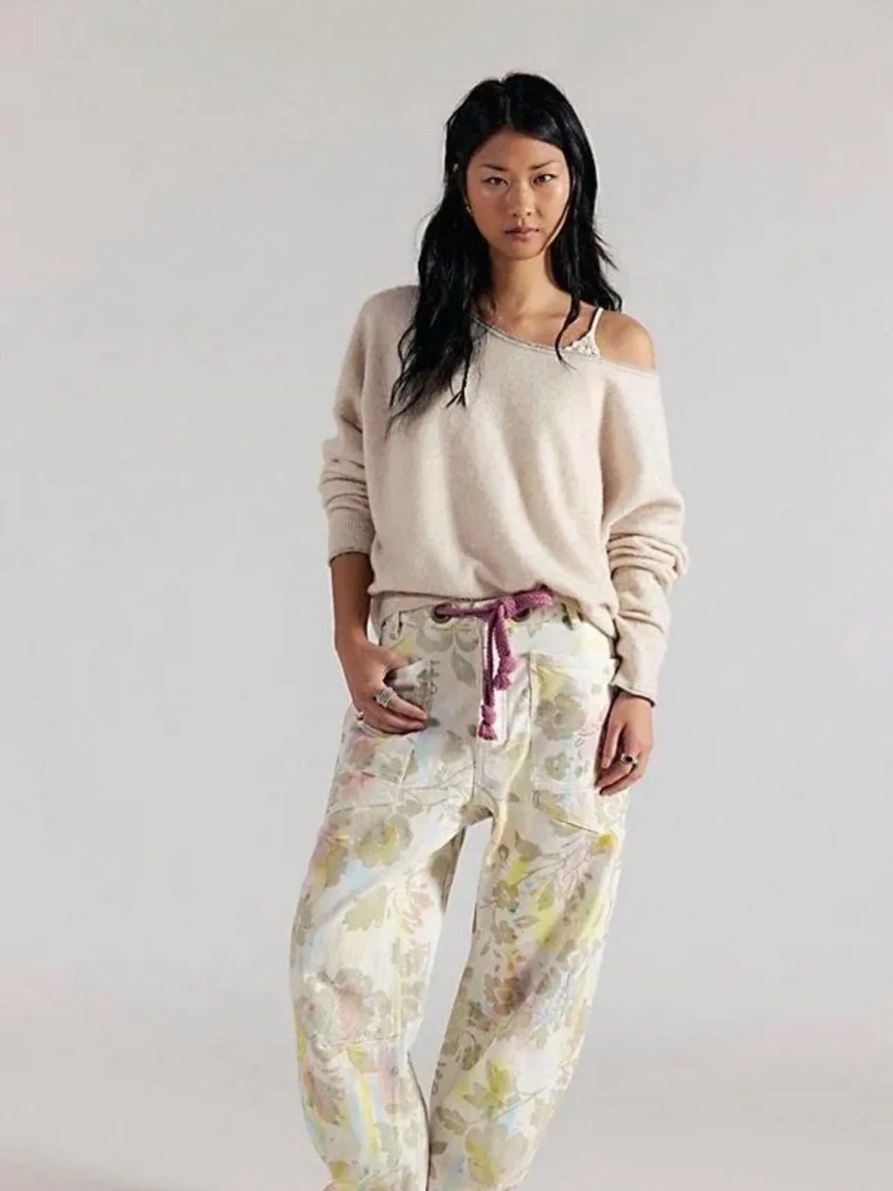 Free People Moxie Printed Flocked Barrel Jeans We The Free Floral Ivory